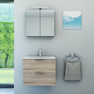 Bathroom furniture set Gently 2 v1 white/oak mdf washbasin 60cm with 5w LED spotlight / energy box