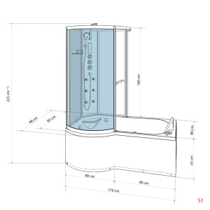 Kombination Badewanne Dusche K50-R30-EC 98x170cm MIT 2K Scheiben Versiegelung