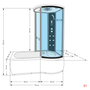 Kombination Whirlpool Dusche K55-L01-WP-EC Wanne 170x100 cm mit 2K Scheiben Versiegelung