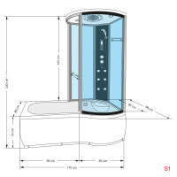 Kombination Whirlpool Dusche K55-L03-WP Wanne 170x100 cm ohne 2K Scheiben Versiegelung