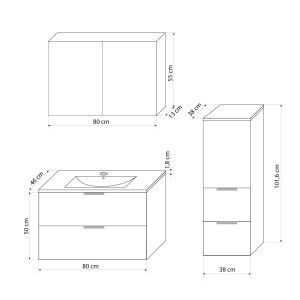 Badmöbel Set Gently 2 V2 R Weiß/Grau MDF Waschtisch 80cm mit 5W LED-Strahler