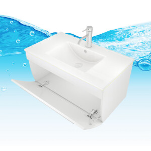 Badmöbel Set Gently 3 V2-L Weiß Badezimmermöbel Badspiegel Waschtisch 80 cm mit 1x 5W LED / Energiebox