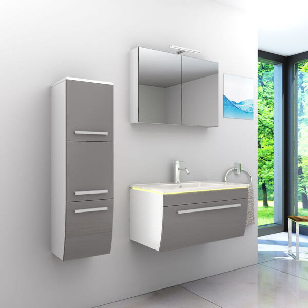 Bathroom furniture set Gently 3 v2-l white/grey Bathroom furniture Bathroom mirror Washbasin 80 cm with 1x 5w LED spotlight