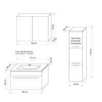 Bathroom furniture set Gently 3 v2-l white/grey Bathroom furniture Bathroom mirror Washbasin 80 cm with 1x 5w LED spotlight