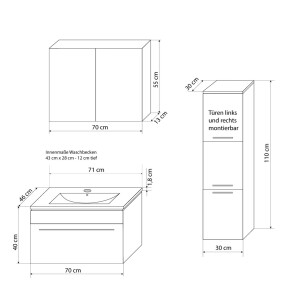 Badmöbel Set Gently 3 V2-R Weiß Badezimmermöbel Badspiegel Waschtisch 80 cm ohne LED-Beleuchtung