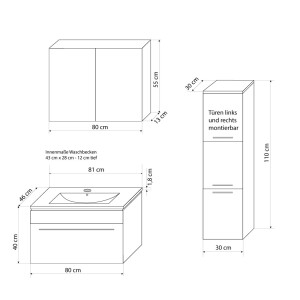 Bathroom furniture set Gently 3 v2-r white/grey Bathroom furniture Bathroom mirror Washbasin 80 cm with 1x 5w led / energy box