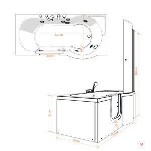 Seniorendusche und Badewanne mit Tür S12D-TH-L Dusche 170x85cm ohne 2K Scheiben Versiegelung