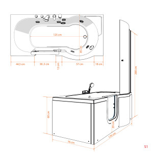 Seniorendusche und Wanne mit Whirlpool S12D-EH-AIR-L-ALL Dusche 170x85cm