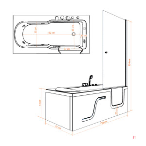 Seniorendusche und Sitzwanne Kombination Wanne mit Tür S17D-TH-L 150x75x210cm