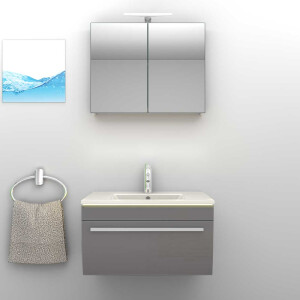 Badmöbel Set Gently 3 V1 Weiß/Grau MDF Waschtisch 70cm mit Leuchtspiegel LSP02 100x70 cm