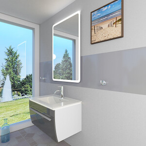 Badmöbel Set Gently 3 V1 Weiß/Grau MDF Waschtisch 70cm mit Leuchtspiegel LSP02 100x70 cm