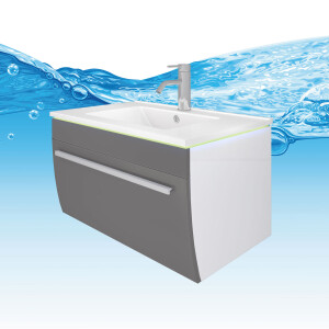 Badmöbel Set Gently 3 V1 Weiß/Grau MDF Waschtisch 70cm mit Leuchtspiegel LSP02 100x70 cm