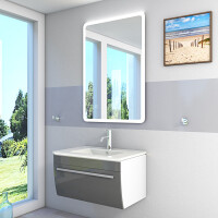 Badmöbel Set Gently 3 V1 Weiß/Grau MDF Waschtisch 70cm mit Leuchtspiegel LSP02 100x70 cm