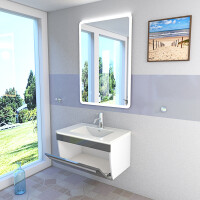 Badmöbel Set Gently 3 V1 Weiß/Grau MDF Waschtisch 70cm mit Leuchtspiegel LSP02 100x70 cm