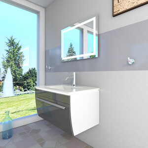 Badmöbel Set Gently 3 V1 Weiß/Grau MDF Waschtisch 70cm mit Leuchtspiegel LSP03 70x50 cm