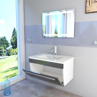 Badmöbel Set Gently 3 V1 Weiß/Grau MDF Waschtisch 70cm mit Leuchtspiegel LSP03 70x50 cm