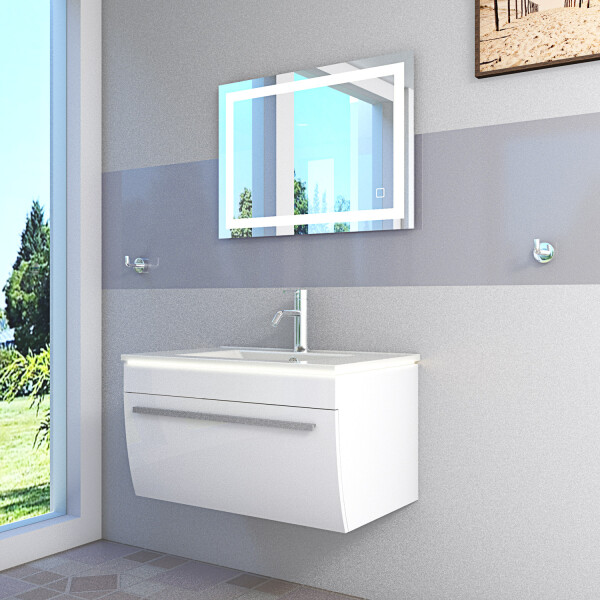 Badmöbel Set Gently 3 V1 Weiß MDF Waschtisch 70cm mit Leuchtspiegel LSP03 70x50 cm MIT Spiegelheizung