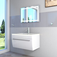 Badmöbel Set Gently 3 V1 Weiß MDF Waschtisch 70cm mit Leuchtspiegel LSP03 70x50 cm MIT Spiegelheizung