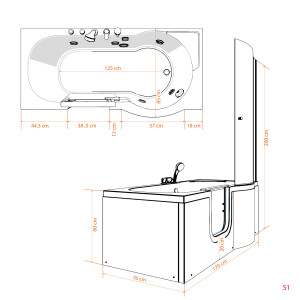 Seniorendusche und Badewanne mit Tür S12D-L Dusche 170x85cm