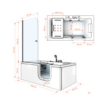 Seniorendusche Kombi Duschkabine Whirlpool Seniorenwanne mit Tür S15D-WP-EH-R-ALL 85x160x215 cm