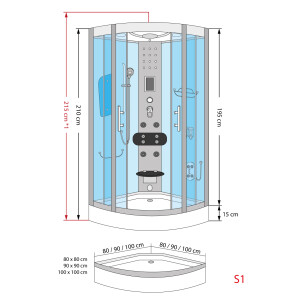 Dampfdusche Duschtempel Sauna Dusche Duschkabine D46-23T3-EC 100x100cm MIT 2K Scheiben Versiegelung

