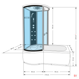 Kombination Whirlpool Dusche K55-R01-WP Wanne 100x170 cm ohne 2K Scheiben Versiegelung