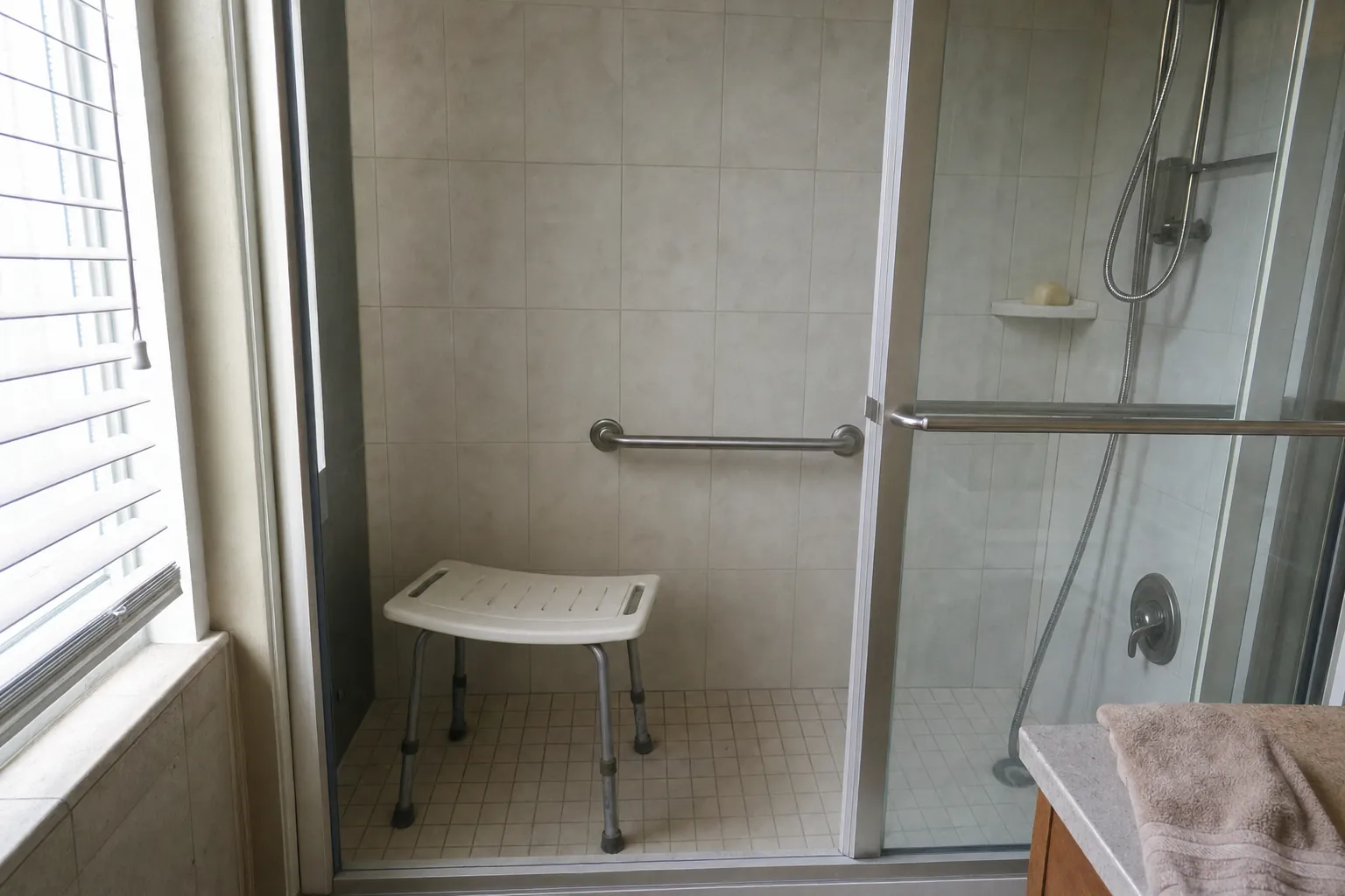 Duschhocker mit Sitzfläche in einer Duschkabine, daneben ein Haltegriff an der Wand (computergeneriertes Symbolbild)