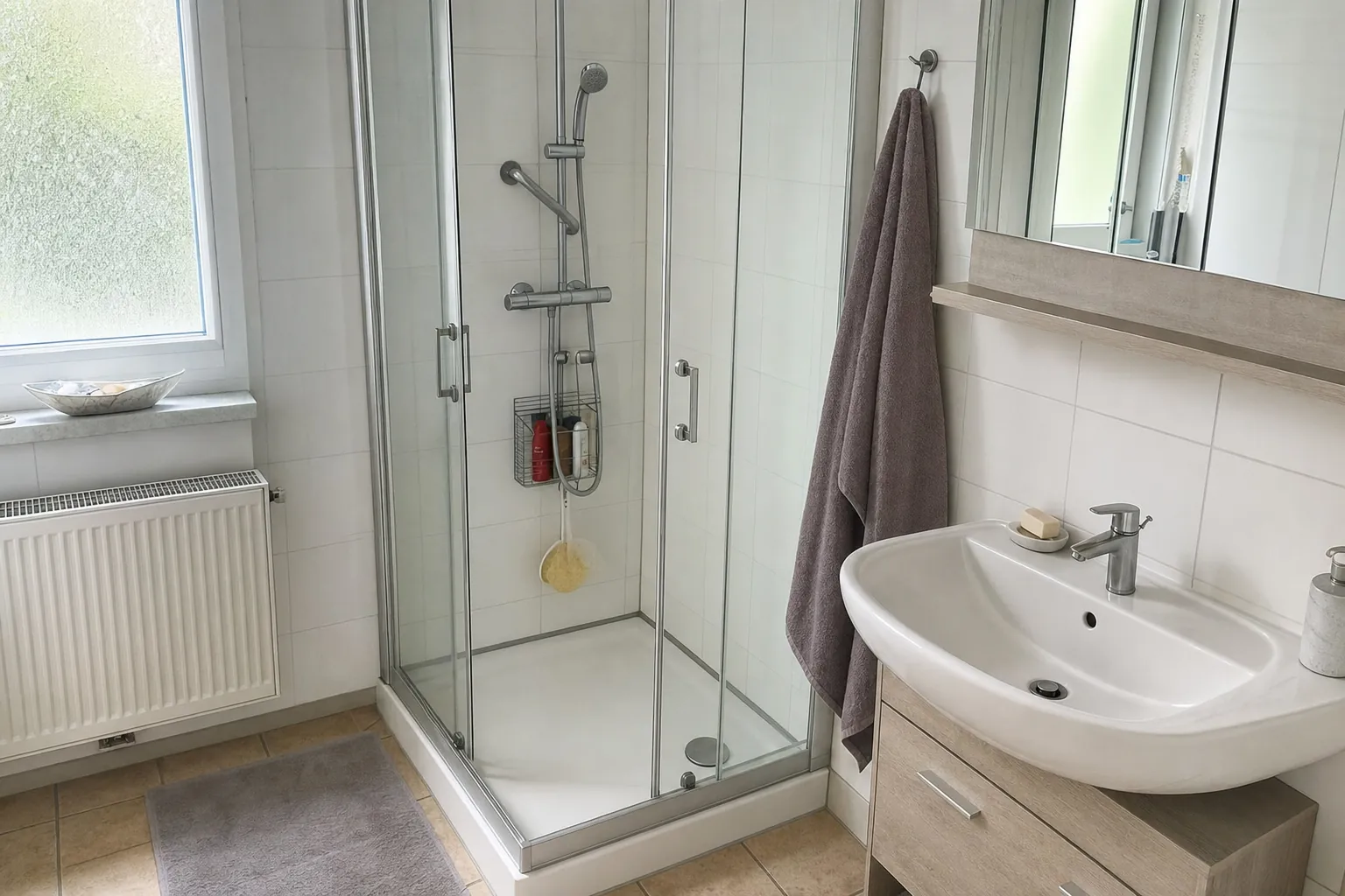 Kleines Bad einer Mietwohnung mit Duschkabine mit niedrigem Einstieg statt Badewanne (computergeneriertes Symbolbild)