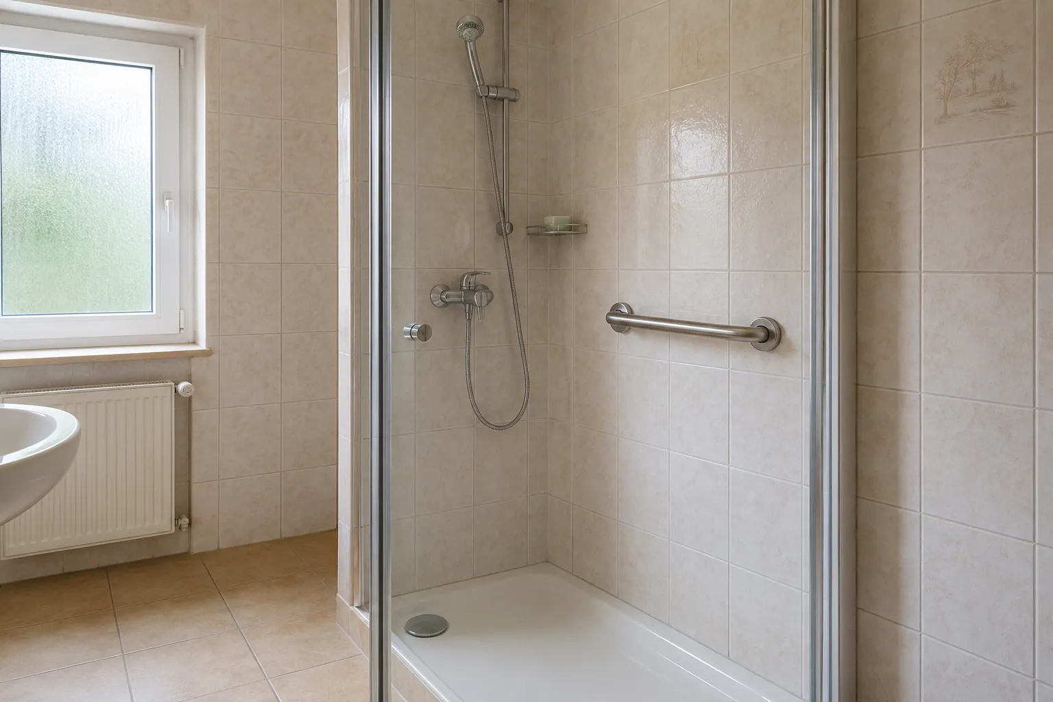 Fest verschraubter Edelstahl Haltegriff in einer gefliesten Dusche mit Duschstange und Glastür