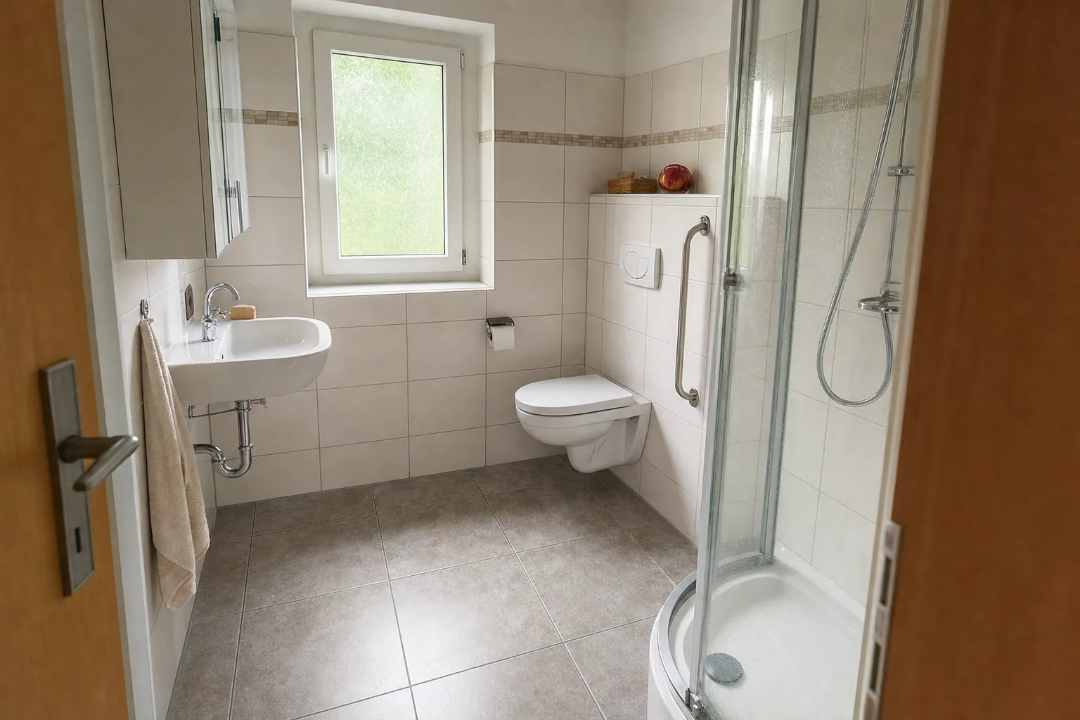 Kleines Badezimmer mit Waschtisch, WC und Duschkabine an drei Wänden (computergeneriertes Symbolbild)
