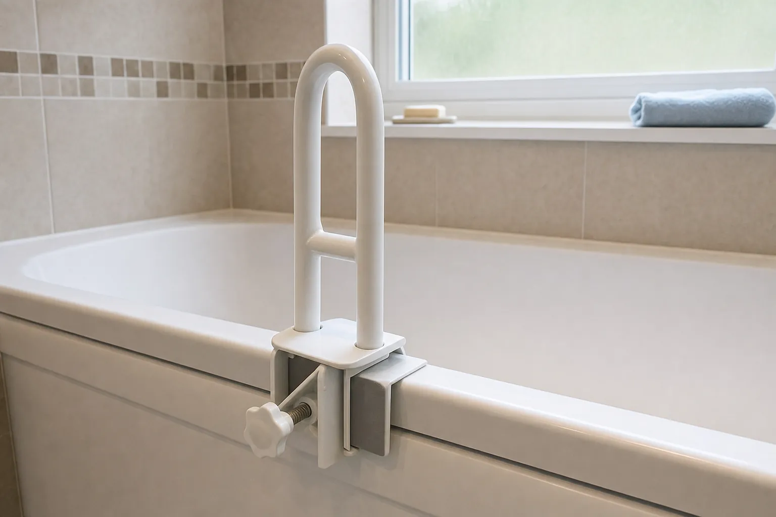 Klemmgriff, der über den Rand einer weißen Badewanne gespannt ist (computergeneriertes Symbolbild)