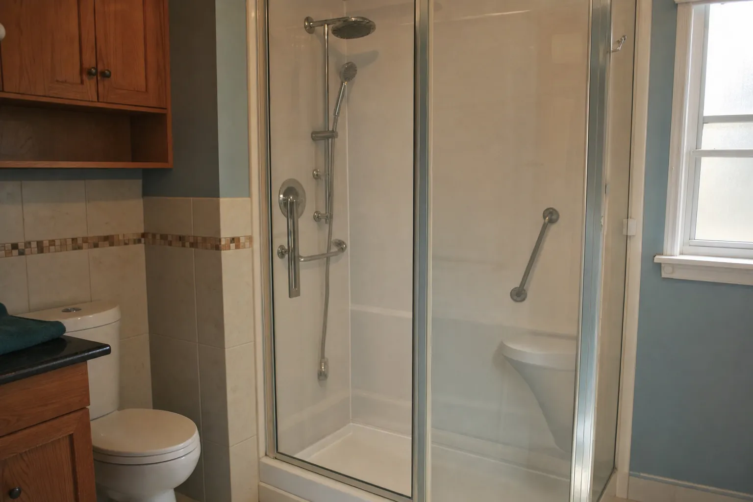 Komplettdusche als Fertiglösung mit niedrigem Einstieg in einem Badezimmer (computergeneriertes Symbolbild)