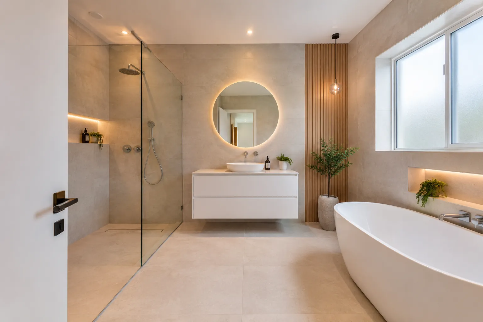 Modernes helles Badezimmer mit etwa 10 Quadratmetern, ebenerdiger Dusche und freistehender Badewanne