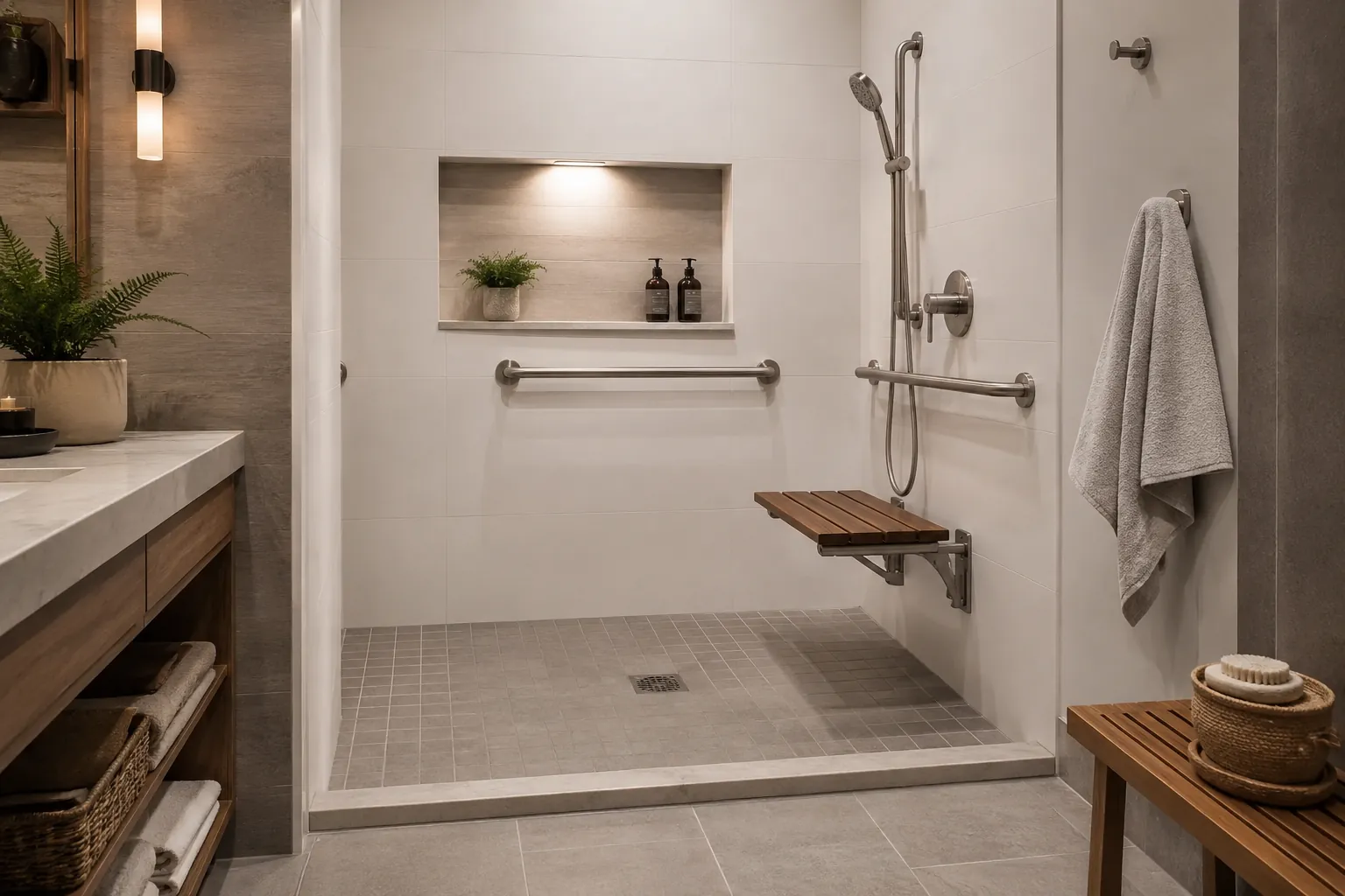 Seniorengerechte Dusche mit Haltegriff, Klappsitz und niedrigem Einstieg in modernem Badezimmer