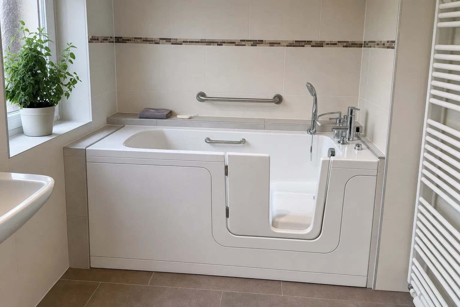 Sitzbadewanne mit Tür an der Stelle einer früheren Standardwanne (computergeneriertes Symbolbild)